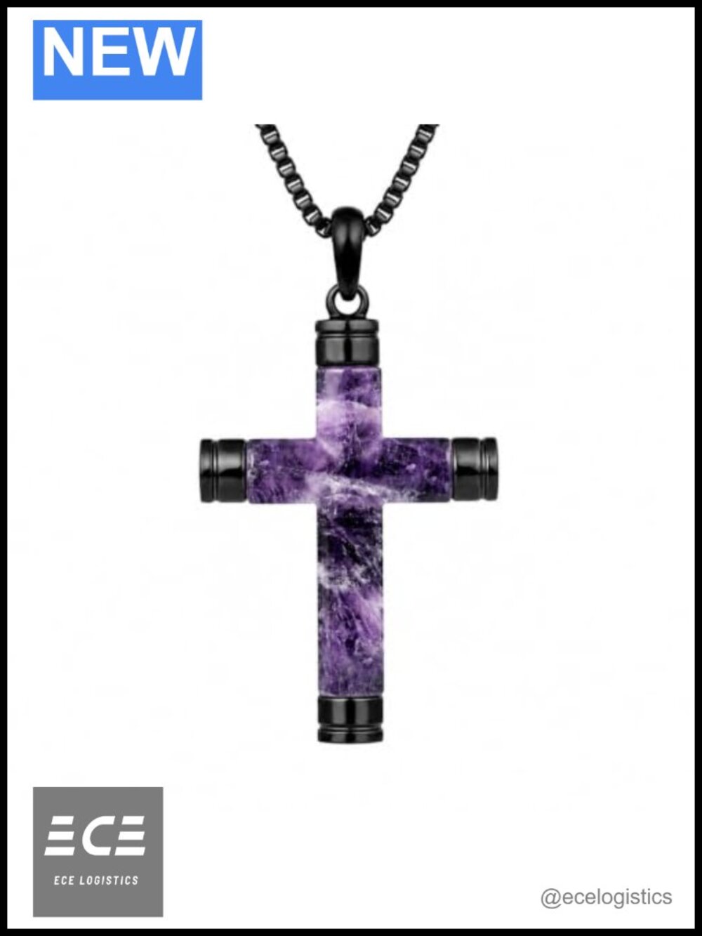 Mens Amethyst Cross Necklace Adjustable Box Chain Stainless Steel Religious